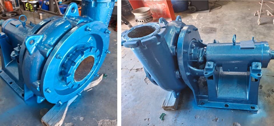 Two views of blue pump equipment prepared for CES servicing